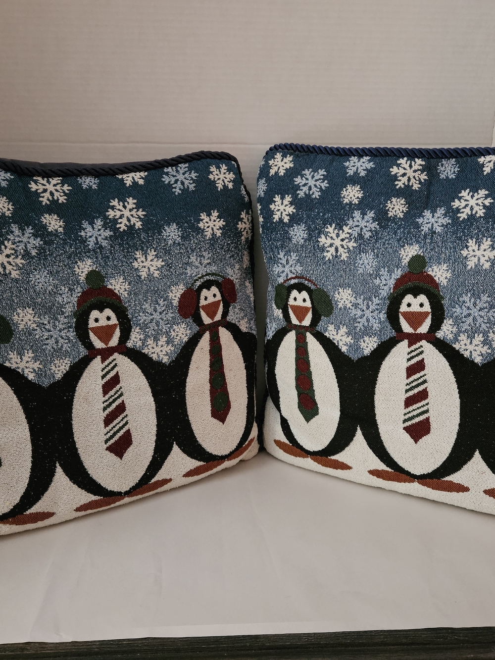 Holiday Penguin Throw Pillow Pair - Blue and White